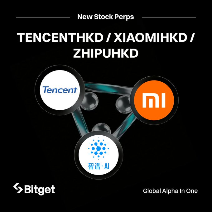 The image is a Bitget promotional graphic announcing three new Hong Kong stock perpetual contracts—TENCENTHKD, XIAOMIHKD, and ZHIPUHKD—displayed with the logos of Tencent, Xiaomi, and Zhipu AI arranged in a triangular formation against a black background, accompanied by the tagline "Global Alpha In One."