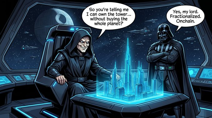 A Star Wars-themed comic showing Emperor Palpatine telling Darth Vader about fractionalized onchain ownership of a tower, with Vader replying 'Yes, my lord. Fractionalized. Onchain.'