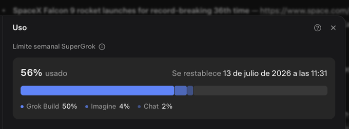 A usage screen for 'SuperGrok' in Spanish shows '56% usado' with a progress bar, including a sub-tab titled 'SpaceX Falcon 9 rocket launches for record-breaking 36th time', and a reset date of '13 de julio de 2026 a las 11:31'.