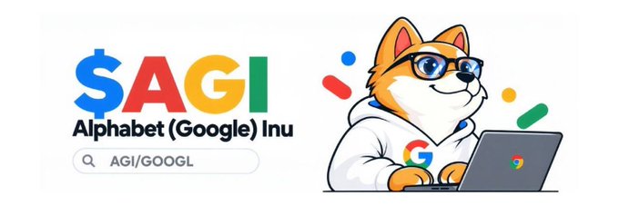 The image is a promotional banner for the "$AGI Alphabet (Google) Inu" meme token, featuring the "$AGI" logo alongside a search bar displaying "AGI/GOOGL" on the left, and an illustration of a Shiba Inu dog wearing glasses and a Google-branded hoodie while working on a laptop on the right. The design ties into the post's theme by combining meme culture with the AI/Google narrative through the AGI/GOOGL ticker pairing shown in the search bar.