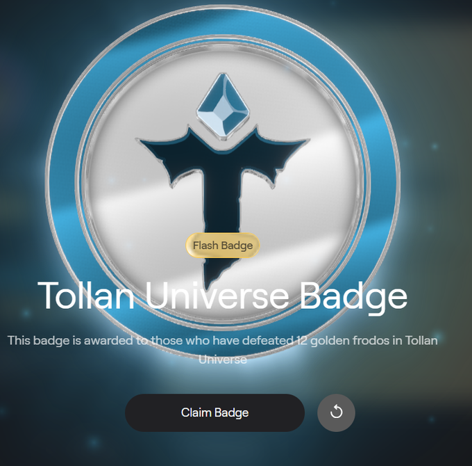 A detailed view of the 'Tollan Universe Badge' with a silver/chrome finish, showing a 'Claim Badge' button and the same description about defeating 12 golden frodos in Tollan Universe.