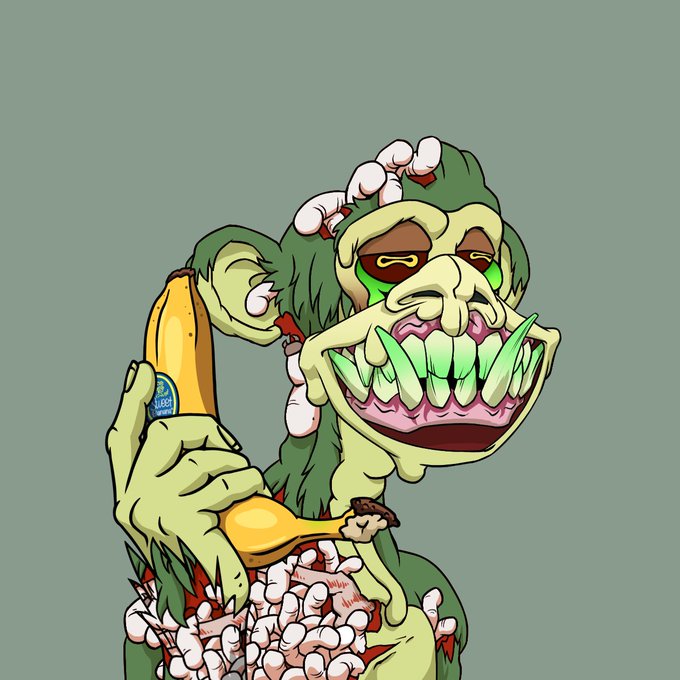 The image features a cartoon monkey with green skin, white teeth, and a banana held up to its face as if it's talking or making a funny face. The background of the image is a light blue color that contrasts with the monkey's green skin. There are also some text elements in the image, such as "Chinese Bored Ape Yacht Club" and "Follow all Chinese Bored Ape Yacht Club members!".