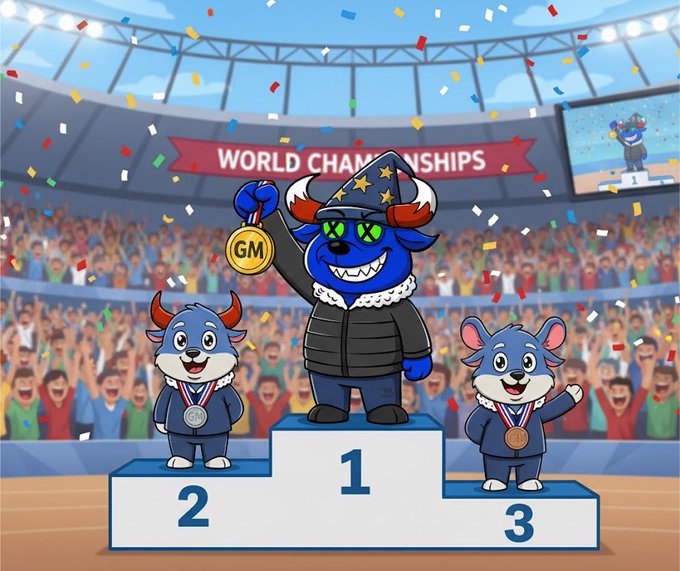 A cartoon illustration of blue horned mascot characters on a podium at the "WORLD CHAMPIONSHIPS," with the first-place winner holding a gold "GM" medal.