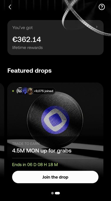 A mobile app screen displays €362.14 in lifetime rewards and a "Featured drops" section promoting a MON token drop, showing "4.5M MON up for grabs" with "+9,075 joined" and a countdown of "Ends in 06 D 08 H 18 M" above a "Join the drop" button. The screen visually supports the post's message about $MON's X Drop Club being live in Europe, inviting users to opt in, trade, and earn MON rewards.