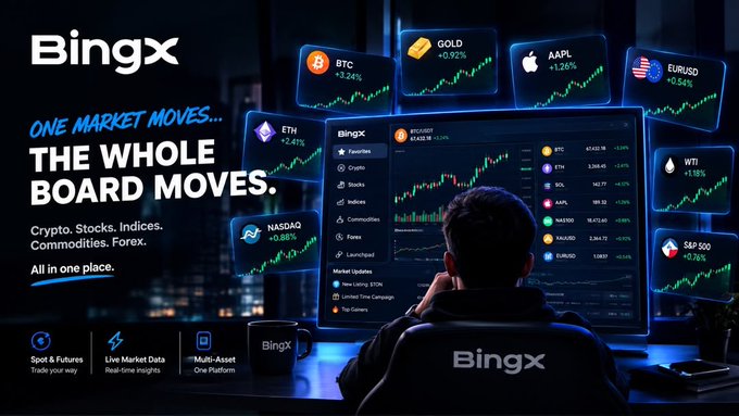 A man sits before a large BingX trading dashboard displaying multiple asset tickers (BTC +3.24%, ETH +2.41%, GOLD +0.92%, AAPL +1.26%, EURUSD +0.54%, WTI +1.18%, NASDAQ +0.28%, S&P 500 +0.76%), illustrating how a single BTC move can shift attention across crypto, stocks, indices, commodities, and forex. The slogan "ONE MARKET MOVES... THE WHOLE BOARD MOVES" reinforces the post's theme of watching cross-asset liquidity rotations rather than fixating on Bitcoin alone.