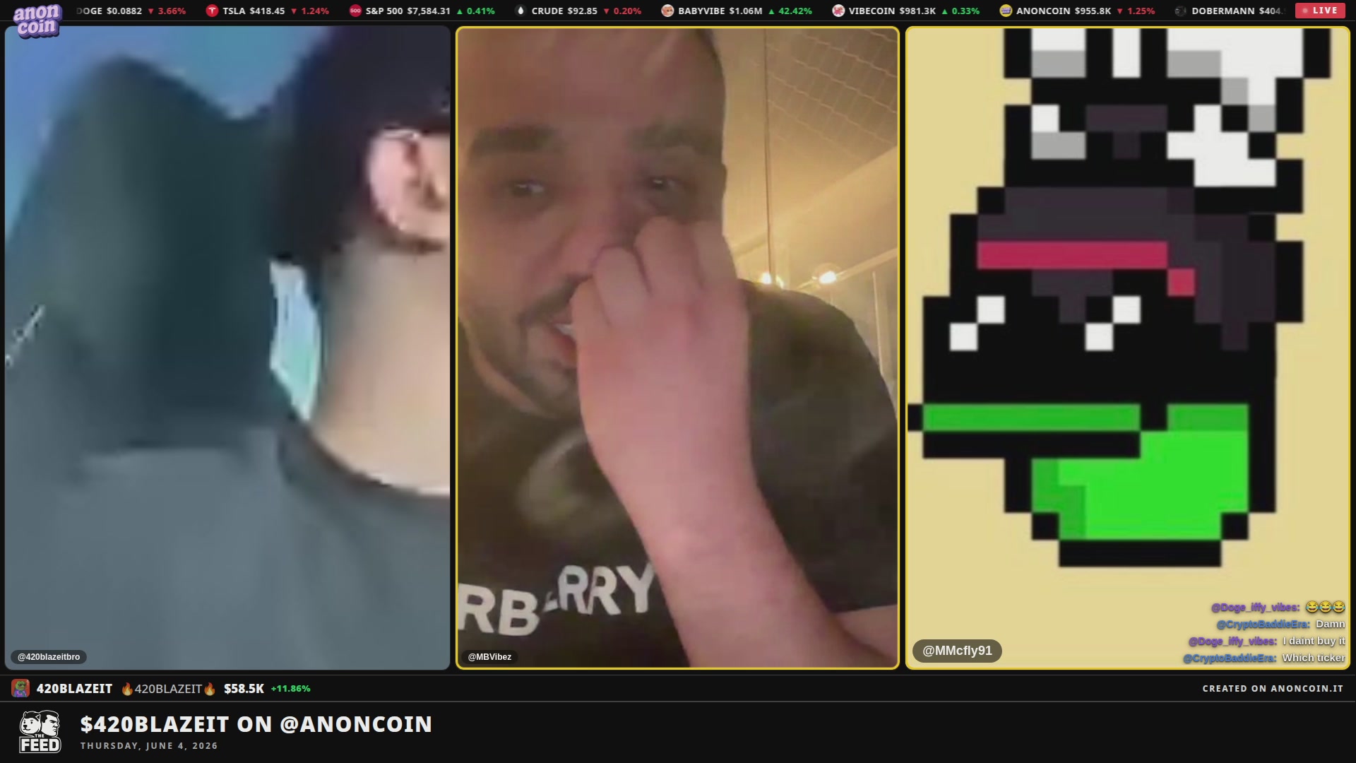 The image shows a computer screen with three different screens displayed, each showing a man's face or a cartoon character. One of the screens displays a cartoon character wearing a mask, while another shows a man holding his nose. The third screen features a man making a funny face and touching his nose to his mouth. The caption below the image reads "Split & Mb are LIVE monitoring the situation". This suggests that someone is actively watching or recording the scene on their computer, possibly for entertainment or documentation purposes.

The first person in the image has a black shirt with white text, while the second person wears a green mask and holds his nose. The third person appears to be making a funny face and touching his nose to his mouth.