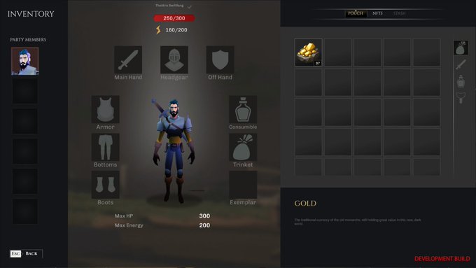 A "DEVELOPMENT BUILD" inventory screen from the RPG Mirandus: Eternal Night shows a character at 250/300 health and 100/200 energy, equipped with various gear slots (Main Hand, Off Hand, Armor, Bottoms, Boots, Headgear, Trinket, Consumable, Exemplar), and a pouch containing 37 gold coins alongside a description noting gold is the traditional currency for trading with merchants. The interface also includes a "PARTY MEMBERS" panel on the left and visible stats of Max HP 300 and Max Energy 200.