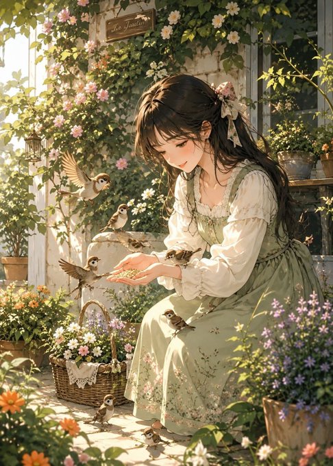 An anime-style illustration of a girl in a green floral dress feeding sparrows in a sunlit garden filled with flowers, climbing vines, and a wicker basket.