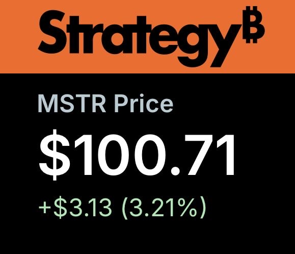 Financial tile displaying Strategy (MSTR) stock price at $100.71, up $3.13 or 3.21%, with an orange header.