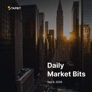 A dark cover image for 'TAPBIT' titled 'Daily Market Bits' dated 'Sep 9, 2026', featuring a silhouette of a city skyline with sunlight between skyscrapers.