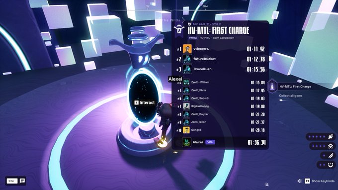 A video game interface showing a leaderboard for 'MV-MTL: First Charge' with player names like vtbvowers, Futurebucket, and BruceKuan along with completion times, next to a glowing genie lamp object on a purple platform.