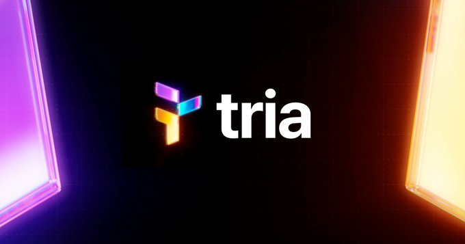 The image displays the "tria" logo with a colorful, neon-style "T" symbol on a dark background with purple and orange glowing frames. The logo represents the Tria brand mentioned in the post, which promotes their crypto Visa card service offering cashback rewards, real yields, and self-custodial features across 150+ countries.