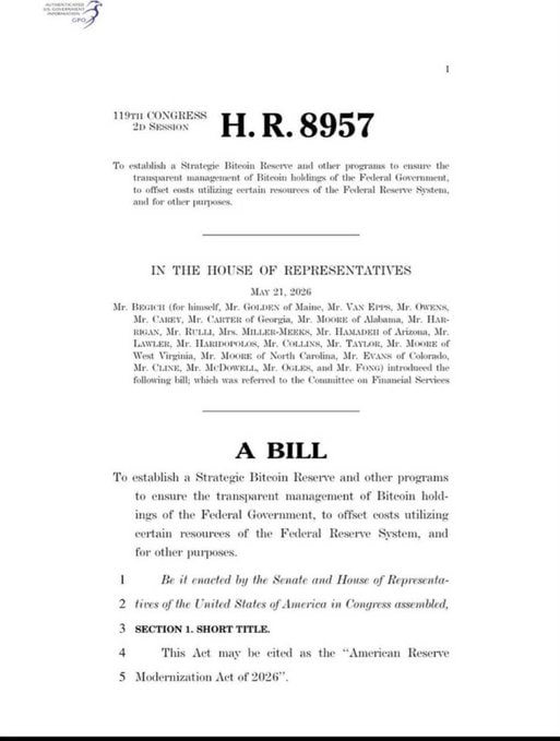 The image shows the first page of U.S. House Resolution H.R. 8957, the "American Reserve Modernization Act of 2026," introduced on May 21, 2026, to establish a Strategic Bitcoin Reserve and offset federal costs. The accompanying tweet discusses the House Financial Services Committee voting on the bill, which would impose a 20-year sales lock on government-held Bitcoin ($BTC), directly relating to the legislation pictured.