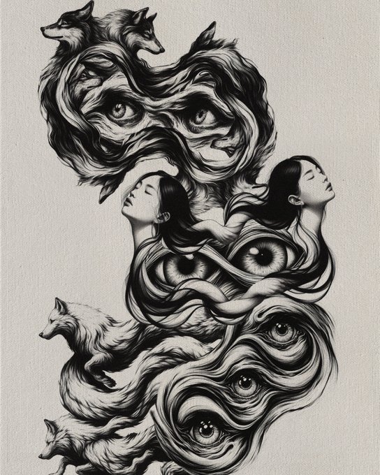 The image features a black and white illustration of two women with long hair, each having multiple eyes. The artwork also includes a fox and other animals such as a wolf and a deer. The image has a vintage or artistic style that gives it a unique appearance. The caption below the image reads "I have just collected windy hill" by @Persephonelines on @objktcom".