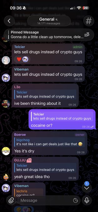 A screenshot of a Telegram group chat called 'General' where users are jokingly suggesting 'lets sell drugs instead of crypto guys.' The pinned message mentions a cleanup task, and the chat shows reactions like '💔' and '😭' to the humorous suggestion.
