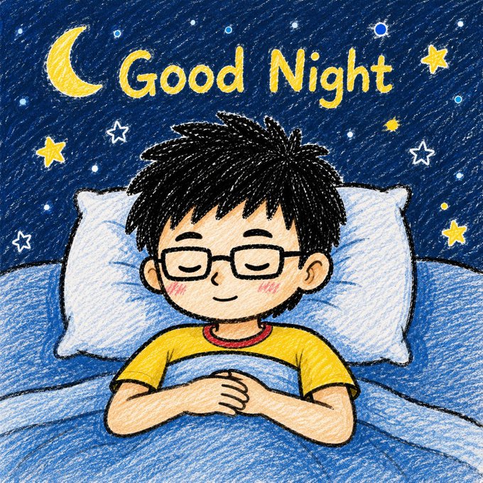 The image features a young boy wearing glasses who is peacefully sleeping with his eyes closed while laying down on a bed. The caption above him reads "Good Night," which suggests that he has just fallen asleep or is about to do so. The background of the image shows stars and a crescent moon, creating a serene atmosphere for the scene. The post also mentions that there are many Web3 projects competing for attention, which could be related to the boy's sleep habits or other aspects of his life.