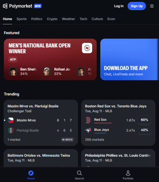 Screenshot of the Polymarket sports betting homepage displaying a featured "Men's National Bank Open Winner" market with Ben Shelton at 24% and Rafael Jr. at 22%, alongside trending sports matchups.
