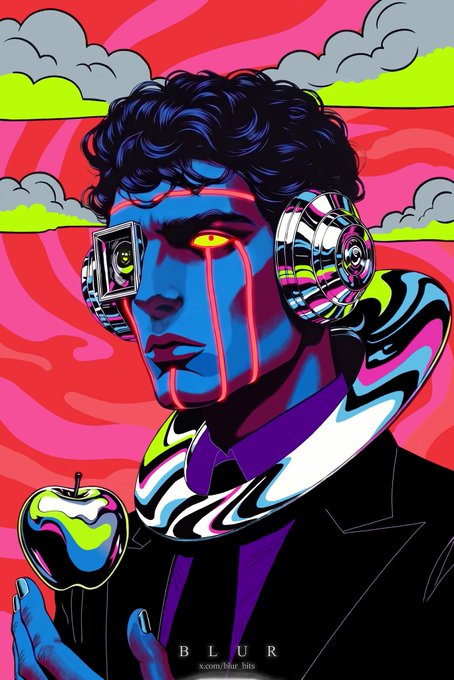 A vibrant pop-art illustration shows a blue-skinned figure with curly hair wearing high-tech headphones and a black suit, holding an apple-like object against a swirling pink and red background with green clouds, signed 'BLUR x.com/blur_btc' at the bottom.