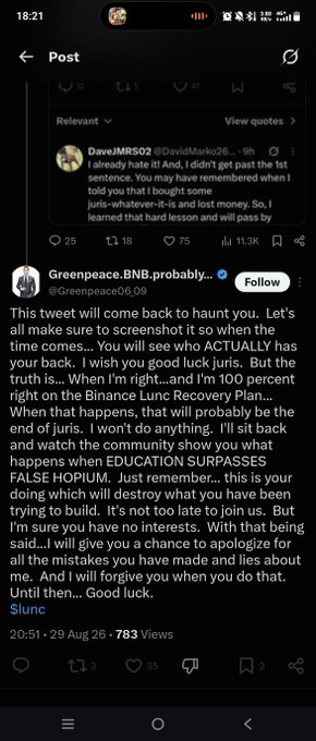 A Twitter/X screenshot showing a reply by @GreenpeaceBNB.probably to a post by DaveJMR502, accusing juries of 'FAKE HOPIUM' on the Binance Lunc Recovery Plan, posted 20:51 on 29 Aug 26 with 783 views.
