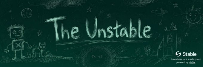 This image features a chalkboard drawing of "The Unstable" with a robot, cat, and a logo for "Stable Launchpad and marketplace powered by stable". The post announces a special NFT allocation from "@TheUnstableNFT", likely referring to the project depicted.