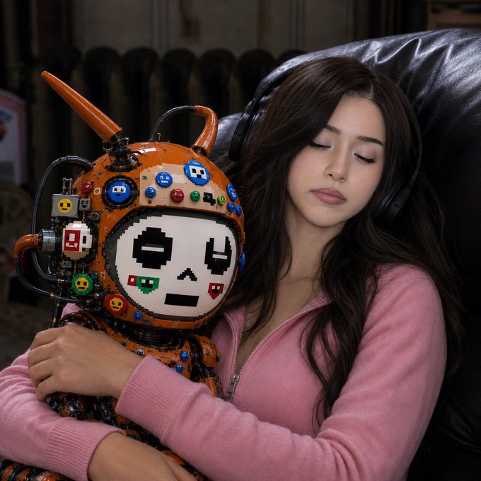 An image of a young woman with long dark hair wearing a pink zip-up sweater and black headphones, resting her eyes while holding a colorful, custom-built orange robot character with a digital face.