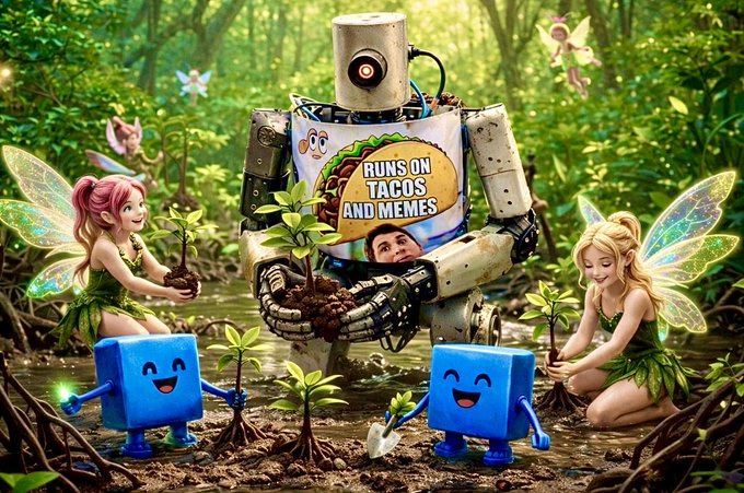 A fantastical scene shows a robot with a taco-themed chest plate reading 'RUNS ON TACOS AND MEMES' planting saplings alongside fairies and small blue cube creatures in a lush forest.