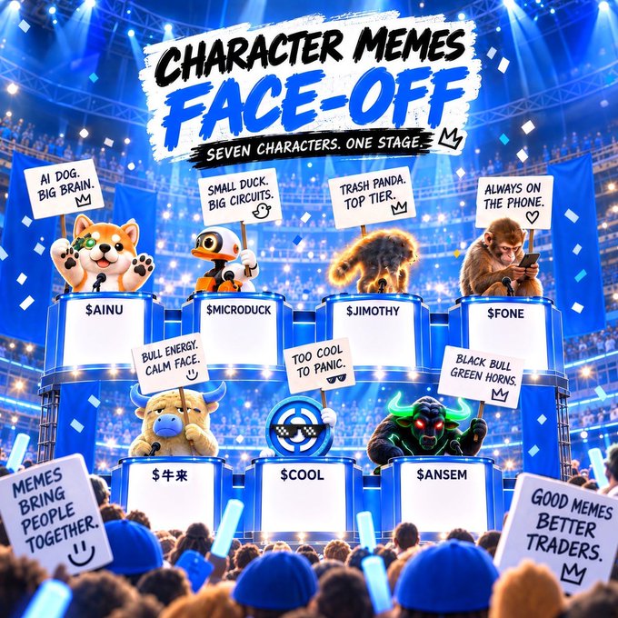 The image shows a vibrant "Character Memes Face-Off" arena-style graphic featuring seven crypto meme characters ($AINU, $MICRODUCK, $JIMOTHY, $FONE, $NIU, $COOL, and $ANSEL) standing on podiums holding witty signs like "AI Dog. Big Brain." and "Trash Panda. Top Tier." before an energetic crowd holding banners declaring "Good Memes, Better Traders." The post's caption humorously plays on the rivalry theme, listing all seven character tickers while joking that "everyone brought a sign, nobody brought a compromise" — directly mirroring the meme face-off concept as a playful call to action for the Meme Token Trading Battle on MEXC.