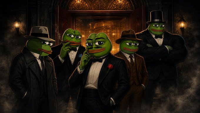 A stylized digital illustration shows five Pepe the Frog characters dressed in 1920s-style gangster suits and hats, posing confidently in a dimly lit, ornate hallway.