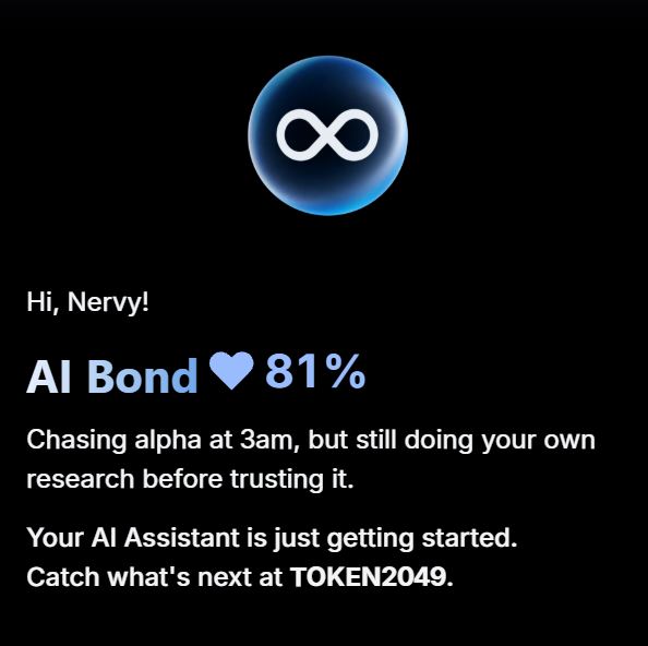 A digital card with an infinity symbol logo on a black background, addressing 'Nervy!' and showing an 'AI Bond' score of 81%, with text noting late-night trading habits and referencing TOKEN2049.