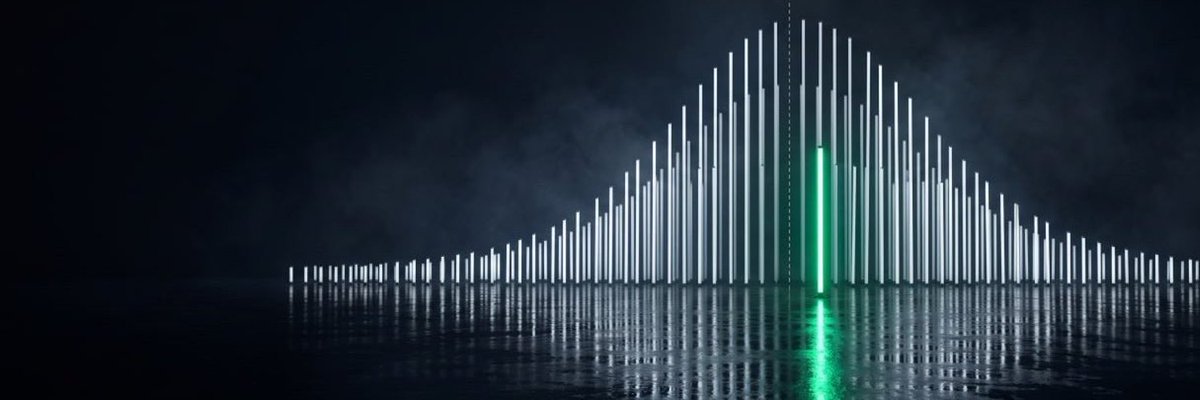 A stylized digital visualization of a sound wave or equalizer, featuring vertical bars with one prominent green bar standing out against white bars on a dark background, reflected on a glossy surface.