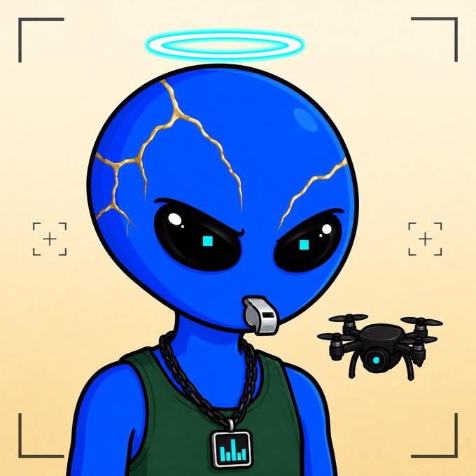 A cartoon illustration of a blue alien-like character with glowing cyan eyes, a halo, gold cracks across its face, a silver whistle, and a green tank top, accompanied by a small black drone.