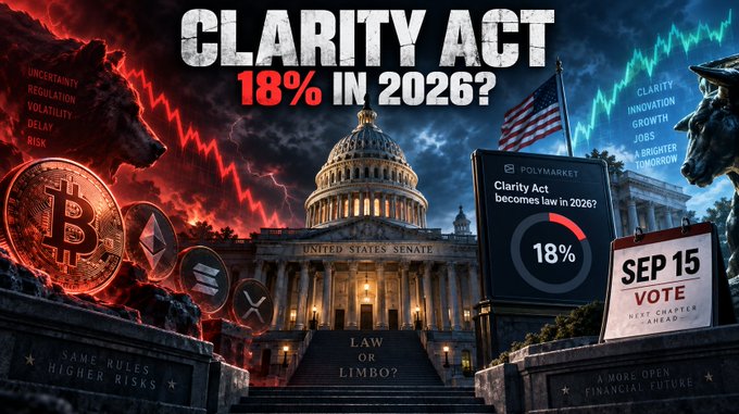 A political graphic about the 'CLARITY ACT' showing an 18% probability for 2026, with imagery of the US Senate, Bitcoin, and stock charts.