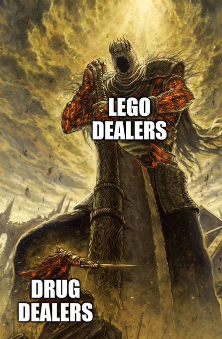 The image features a poster with two men, one of whom has a sword and shield while the other holds a gun. They are depicted as medieval warriors facing each other. The poster also includes text that reads "LEGO DEALERS" and "Drug dealers", suggesting an association between these two characters in the artwork.