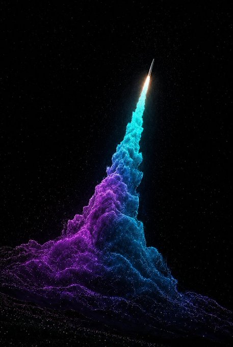 A digital artwork depicting a glowing rocket ascending through a starry night sky, leaving behind a vibrant, billowing smoke trail composed of purple and teal particle effects.