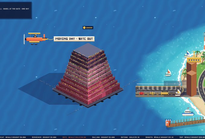 A screenshot from the cryptocurrency trading game 'Mr. Whalelot of Fun' showing a multi-tiered pink building labeled 'MOVING DAY - $BTC OUT' floating in water, with a ticker at the bottom showing buys and sells for tokens like BTCAT, SCRACKER, SBTC, SAILING, and STONK.