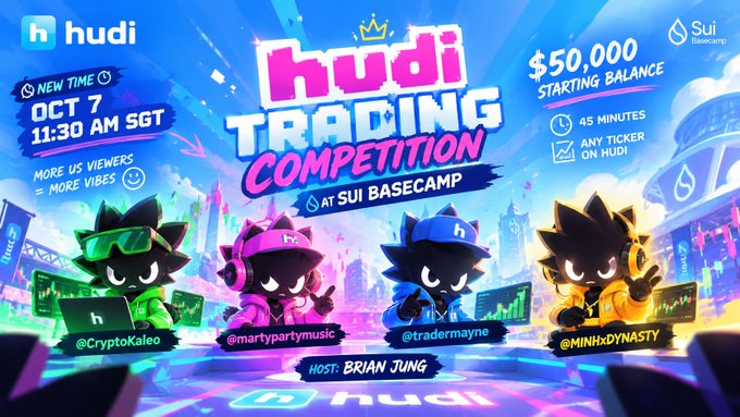 Promotional banner for the 'Kudi Trading Competition at Sui Basecamp' scheduled for Oct 7 at 11:30 AM SGT, featuring a $50,000 starting balance, 45-minute rounds, and participants @CryptoKaleo, @martypartymusic, @trader mayne, and @MINHxDYNASTY hosted by Brian Jung.
