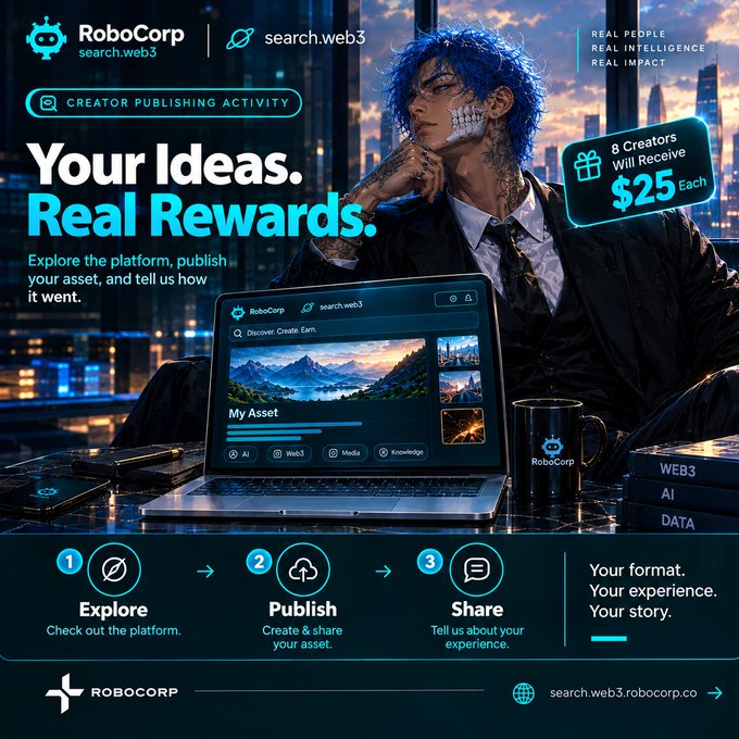 Promotional graphic for RoboCorp / search.web3 'Creator Publishing Activity' campaign featuring a blue-haired anime-style figure, offering $25 to 8 creators who explore, publish, and share their assets.