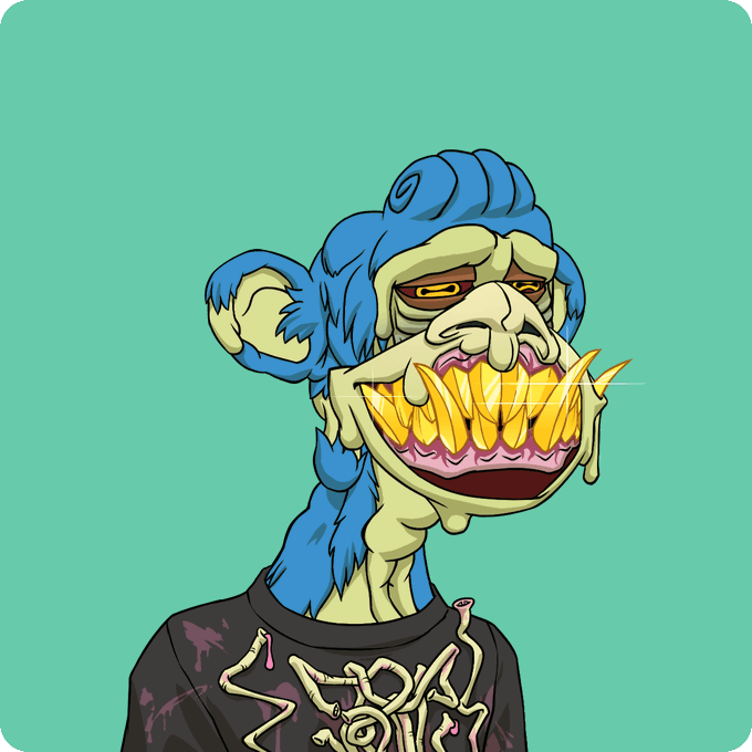 A cartoonish mutant ape with blue fur, yellow teeth, and a wide grin wearing a black shirt with a skeletal bone design, matching the NFT listing "Mutant #27127" from the "Return to Monke" collection.