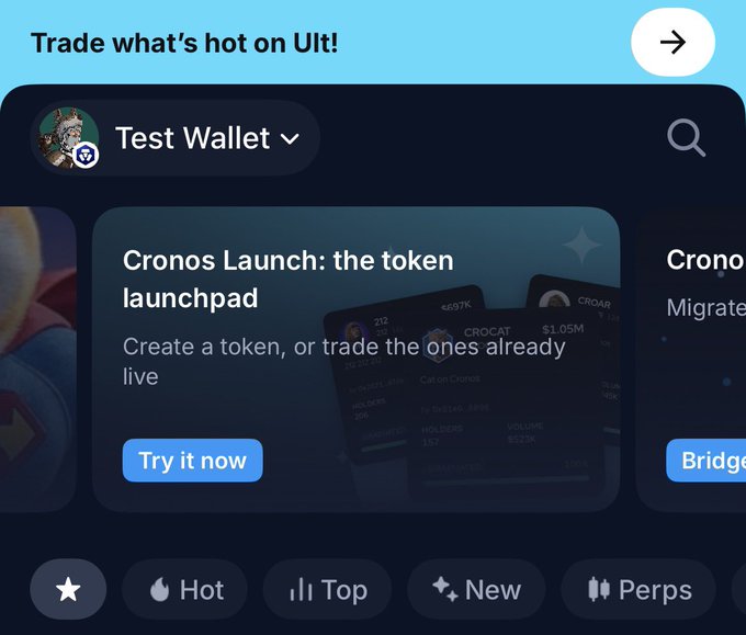 A screenshot of a crypto trading app interface displaying 'Trade what's hot on Ult!' with a 'Test Wallet' and a featured section for 'Cronos Launch: the token launchpad'.
