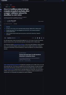 A dark-themed news article from CoinDesk titled 'Over 1.3 million staked tokens remain stranded on India after a major validator missed its deadline to exit Arwe', discussing a story about Straking Protocol and Ethereum staker VeChain Veth.