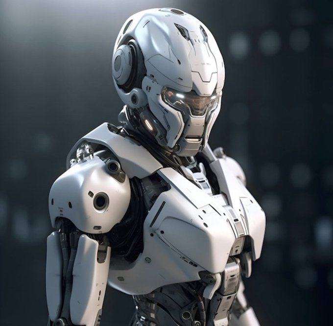 A detailed 3D render of a sleek, futuristic white humanoid robot with intricate mechanical joints and a visor, set against a blurred dark background.