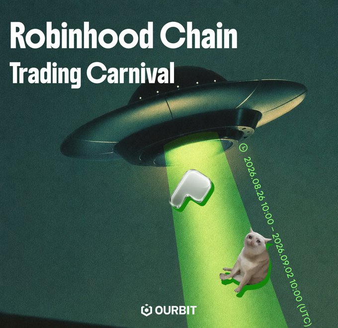 The image is a promotional graphic for the "Robinhood Chain Trading Carnival" featuring a UFO beaming up the OURBIT logo and a white cat (likely referencing the $CASHCAT and $PONS meme coins mentioned in the post). It visually ties into the Robinhood Rewards Week promotion by highlighting the $18K in rewards for depositing ETH and trading the featured tokens.