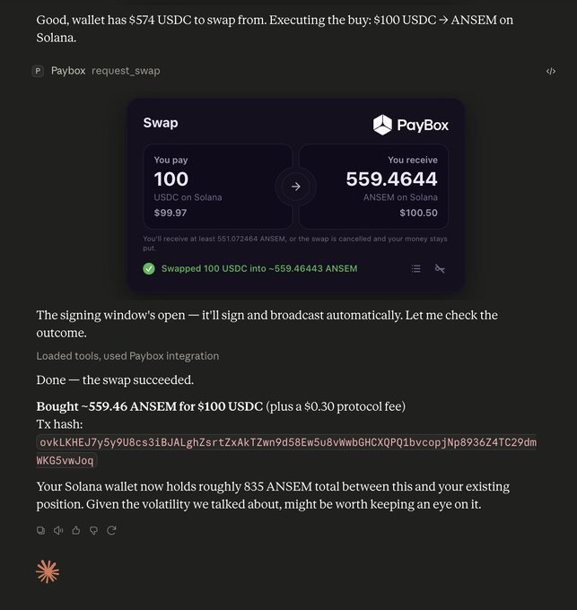A cryptocurrency swap interface showing a Paybox transaction where 100 USDC ($99.97) was exchanged for 559.4644 ANSEM ($100.50) on Solana, with the text noting 'Bought ~559.46 ANSEM for $100 USDC (plus a $0.30 protocol fee).'