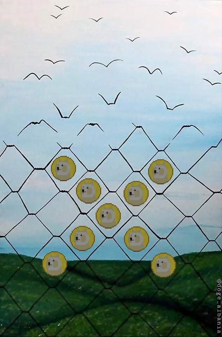 A digital illustration depicts a flock of birds flying in a pale sky above a chain-link fence adorned with pixelated padlocks of the Dogecoin cryptocurrency logo, with green rolling hills in the background; a watermark reads 'cr0c0-a1bania'.