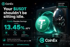 The main focus of the image is a black background with a green square coin placed at the bottom right corner. On the same background, there's an advertisement for a cryptocurrency exchange called CoinEX. The text above the coin reads "Your $USDT shouldn't be sitting idle." This message seems to imply that the Bitcoin or cryptocurrency might not be the ideal choice for users in this case, given its historical usage as money and the advertisement's implication of it being too passive. However, there is no direct connection between the image and the cryptocurrency exchange promotion at first glance; it could simply be an unrelated visual element within the same context.