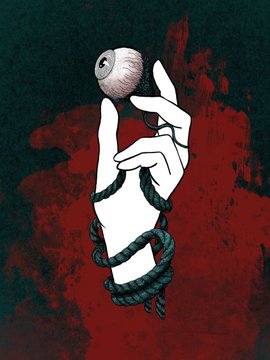 An illustration of a pale hand with fingers curled around a floating eyeball, wrapped in thick dark ropes against a red and black textured background.