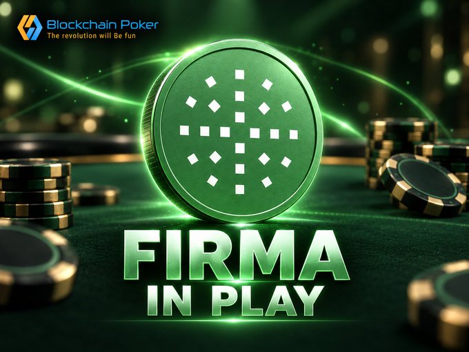 A promotional graphic for 'Blockchain Poker' featuring a large green chip with a stylized 'F' logo and the text 'FIRMA IN PLAY' surrounded by poker chips on a green felt table.