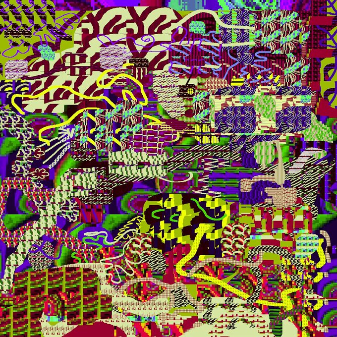 Another chaotic, glitch-art composition filled with overlapping abstract patterns, pixelated textures, and vibrant neon colors including yellows, purples, and greens.