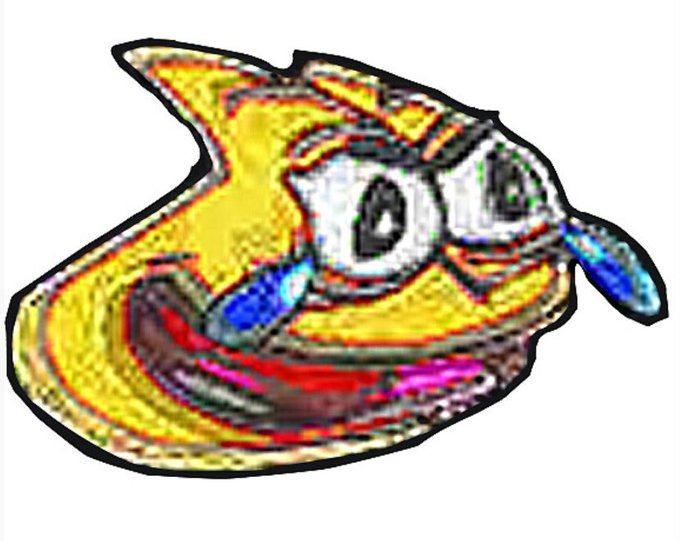 A crude, heavily distorted digital drawing of a yellow character with large white eyes and a wide multicolored mouth, resembling a meme-style illustration.