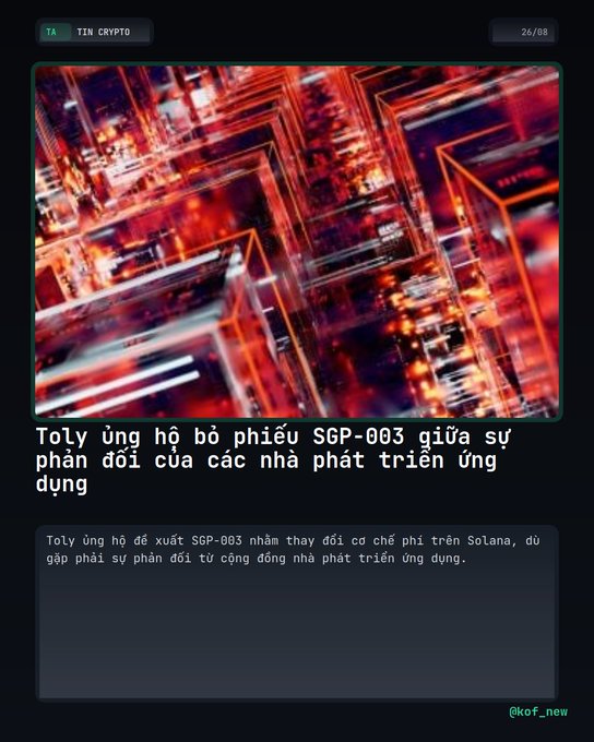 A Vietnamese crypto news post titled 'Toly ủng hộ bộ phiếu SGP-003 giữa sự phản đối của các nhà phát triển ứng dụng' discusses Toly supporting the SGP-003 proposal on Solana, accompanied by a glowing red 3D cityscape graphic.